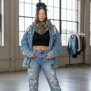 Green Pink Handknit Infinity Scarf